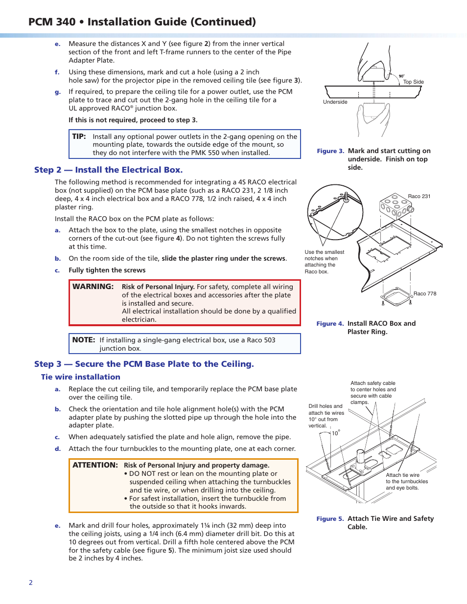 Pcm 340 • installation guide (continued), Step 3 — secure the pcm base plate to the ceiling, Step 2 — install the electrical box | Extron Electronics PCM 340 User Manual | Page 2 / 4