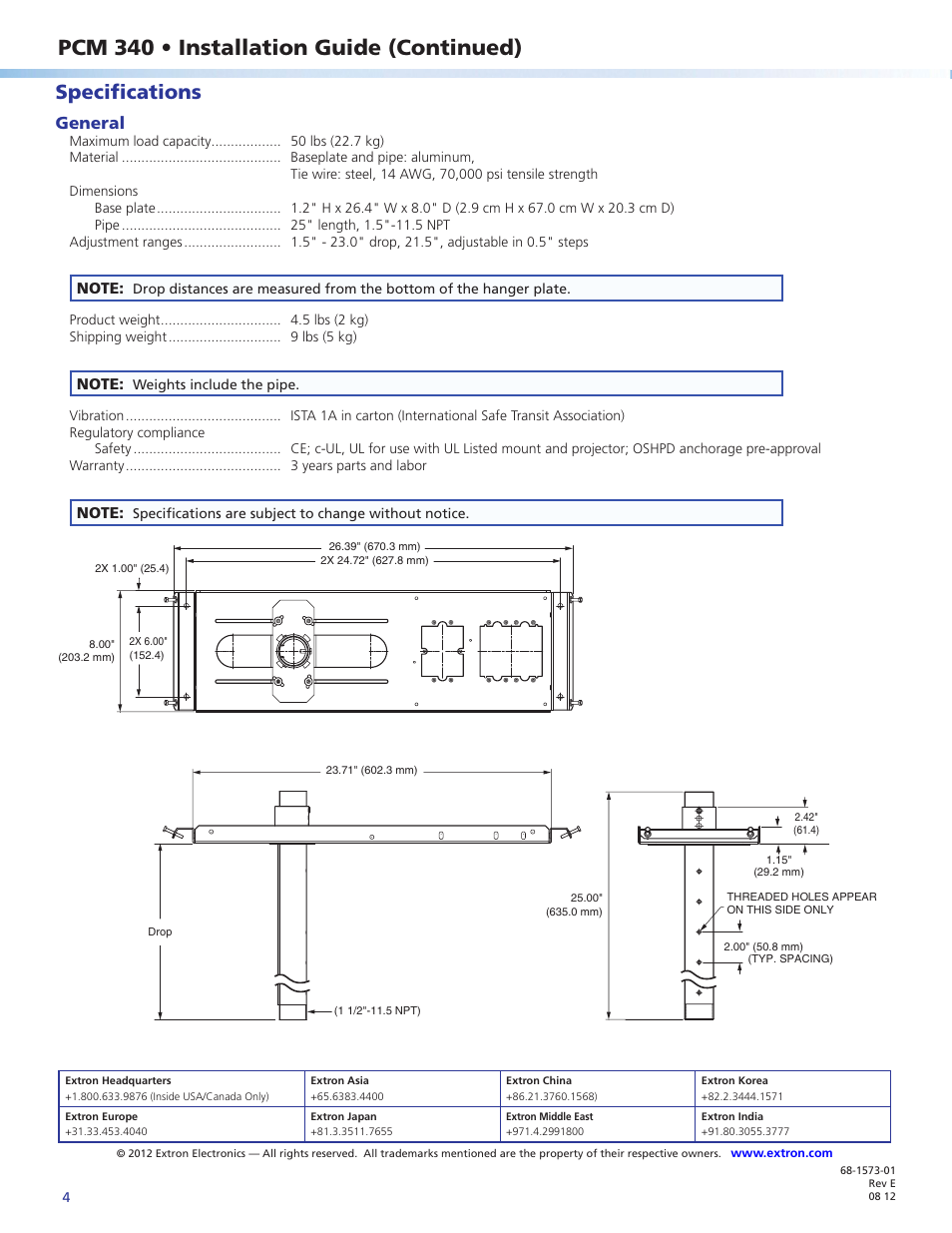 Pcm 340 • installation guide (continued), Specifications, General | Extron Electronics PCM 340 User Manual | Page 4 / 4