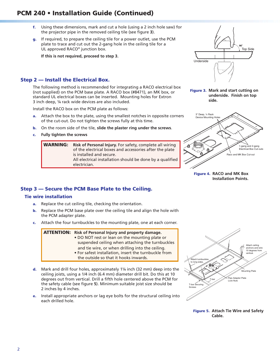 Pcm 240 • installation guide (continued), Step 2 — install the electrical box, Step 3 — secure the pcm base plate to the ceiling | Extron Electronics PCM 240 User Manual | Page 2 / 4