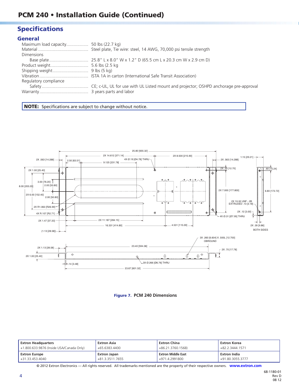 Pcm 240 • installation guide (continued), Specifications, General | Pcm 240 dimensions | Extron Electronics PCM 240 User Manual | Page 4 / 4