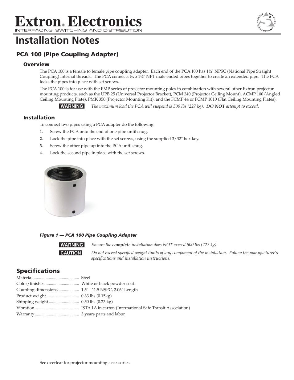 Extron Electronics PCA 100 User Manual | 2 pages