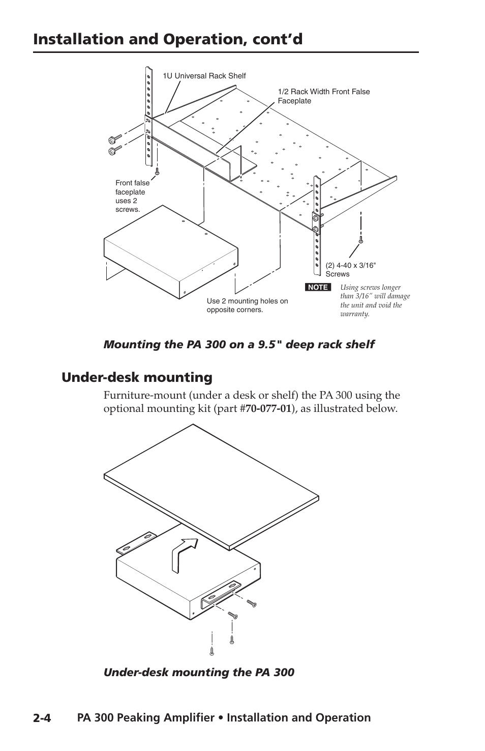 Under-desk mounting, Under-desk mounting -4, Installation and operation, cont’d | Extron Electronics PA 300 User Manual | Page 12 / 28