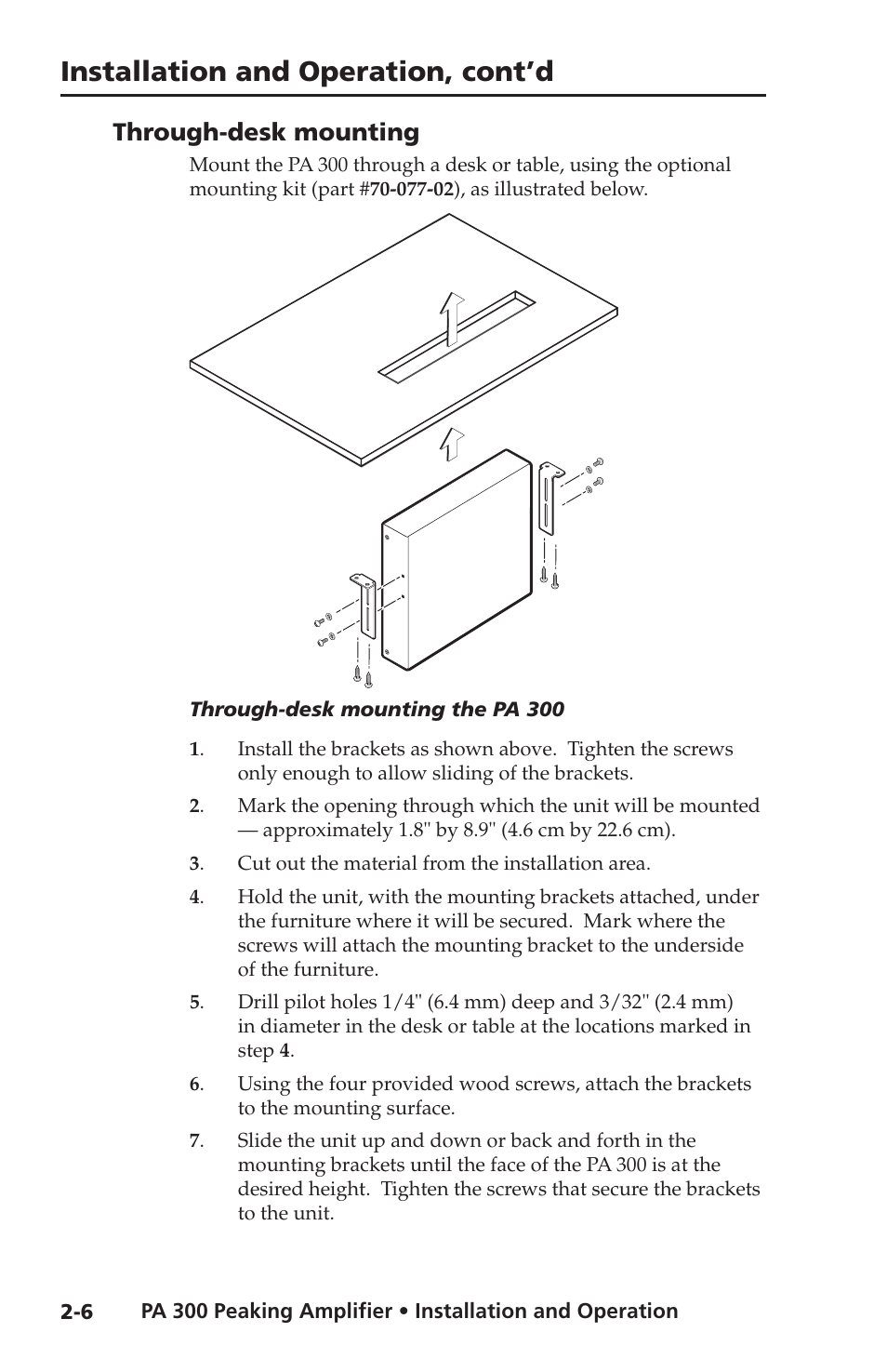 Through-desk mounting, Through-desk mounting -6, Installation and operation, cont’d | Extron Electronics PA 300 User Manual | Page 14 / 28