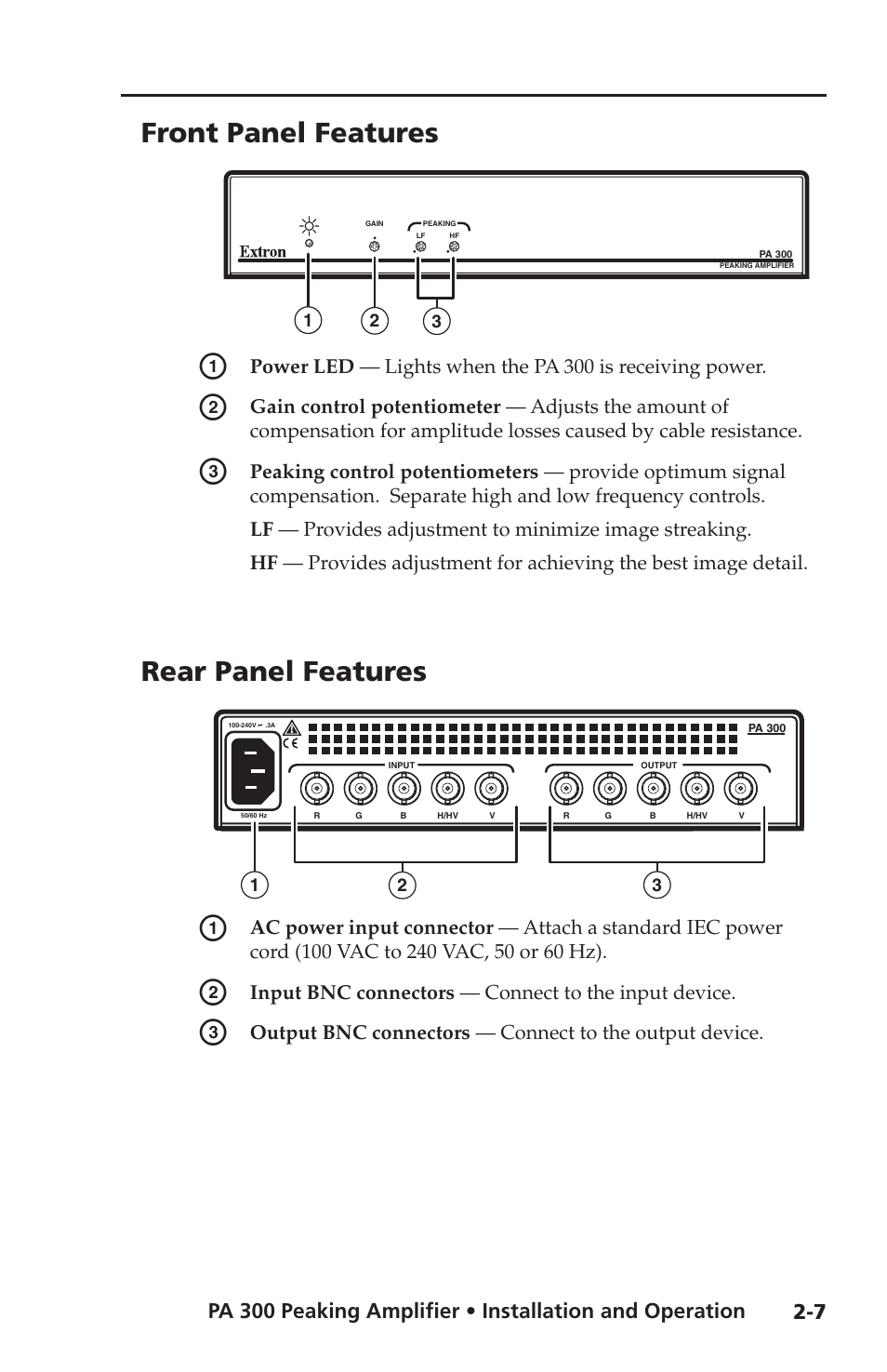 Front panel features, Rear panel features | Extron Electronics PA 300 User Manual | Page 15 / 28