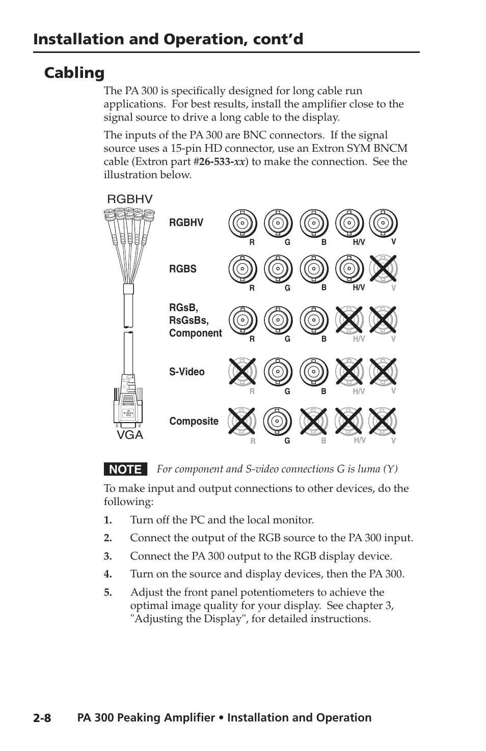 Cabling, Installation and operation, cont’d, Rgbhv vga | Extron Electronics PA 300 User Manual | Page 16 / 28