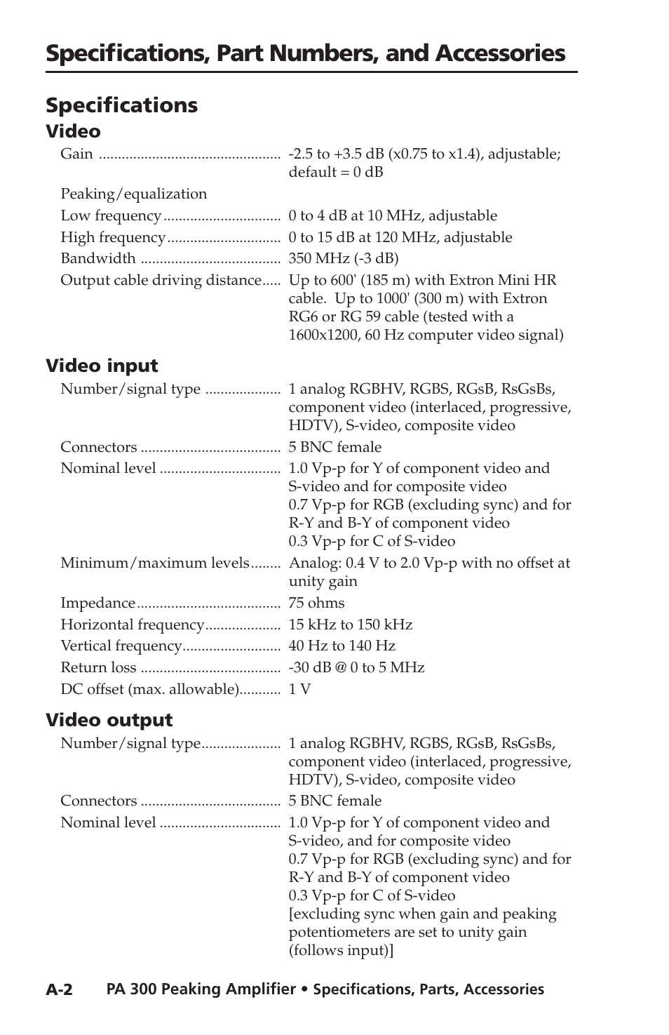 Specifications, Specifications, part numbers, and accessories, Video | Video input, Video output | Extron Electronics PA 300 User Manual | Page 22 / 28