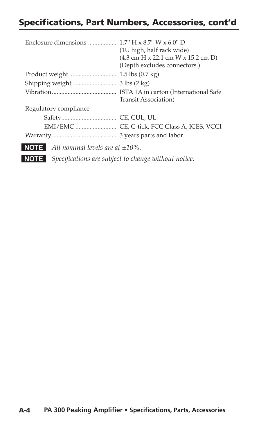 Specifications, part numbers, accessories, cont’d | Extron Electronics PA 300 User Manual | Page 24 / 28