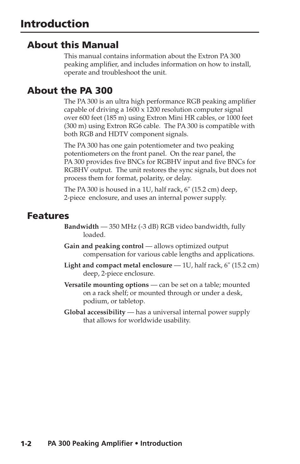 About this manual, About the pa 300, Features | Introduction | Extron Electronics PA 300 User Manual | Page 8 / 28