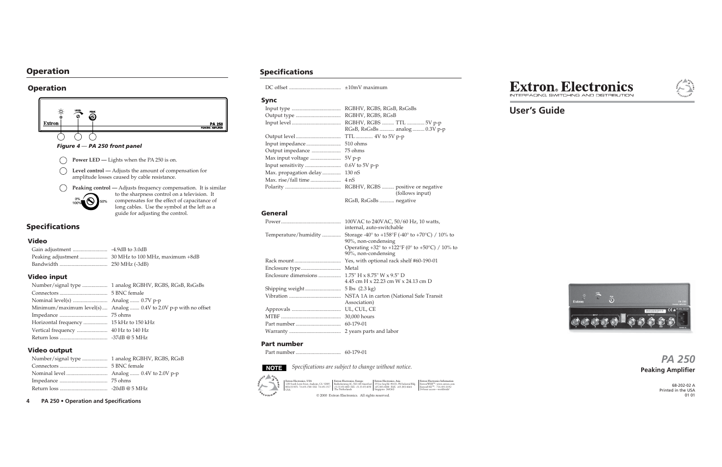 Extron Electronics PA 250 User Manual | 2 pages