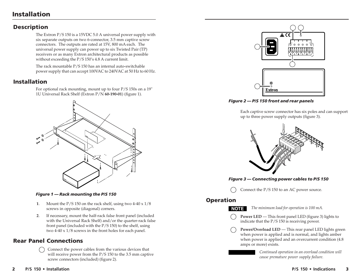 Installation, Description, Rear panel connections | Operation | Extron Electronics P-S 150 User Manual | Page 2 / 2
