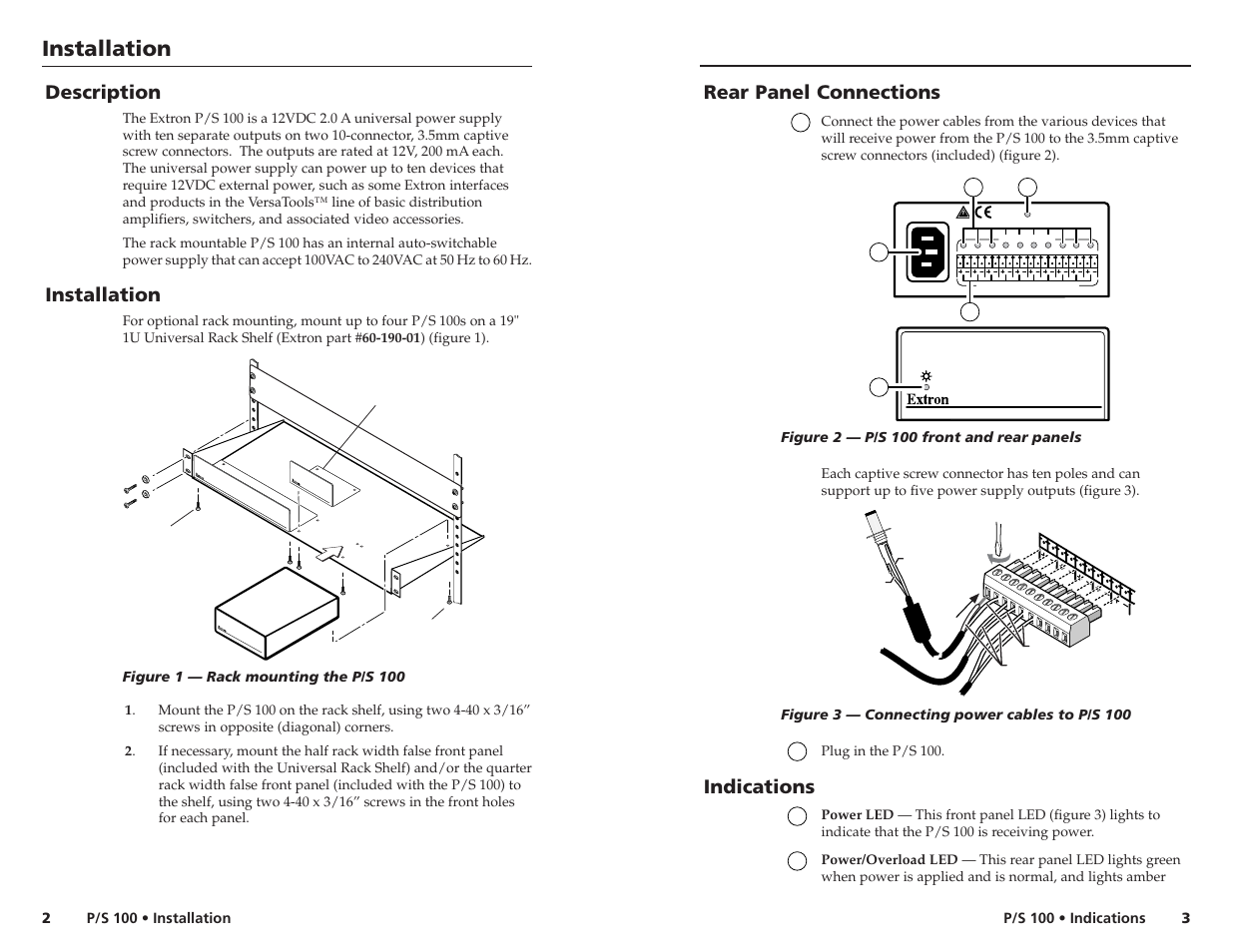 Installation, Description, Rear panel connections | Indications | Extron Electronics P-S 100 User Manual | Page 2 / 2