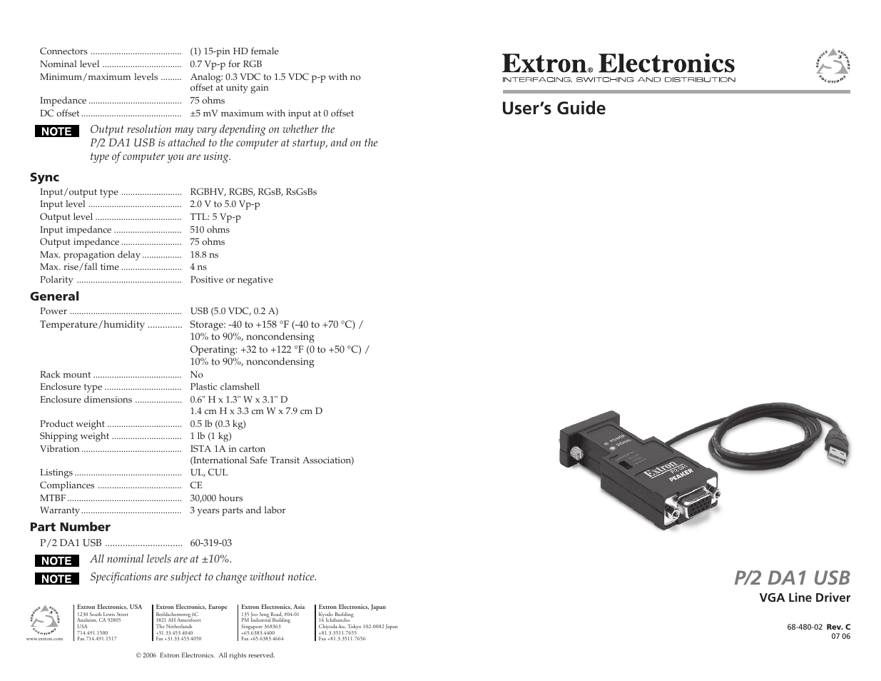 Extron Electronics P-2 DA1 USB User Guide User Manual | 3 pages