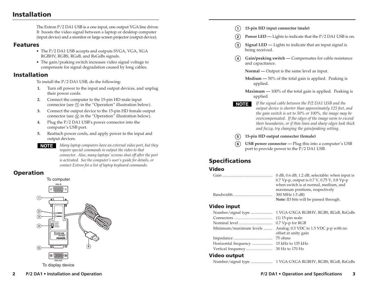 Installation, Specifications, Features | Operation, Video, Video input, Video output | Extron Electronics P-2 DA1 USB User Guide User Manual | Page 2 / 3