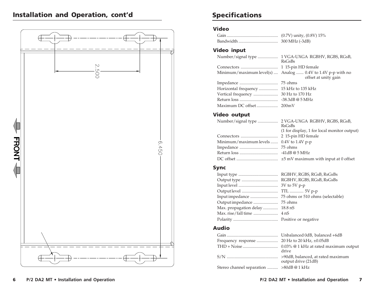 Installation and operation, cont’d, Specifications | Extron Electronics P-2 DA2 MT User Guide User Manual | Page 4 / 5