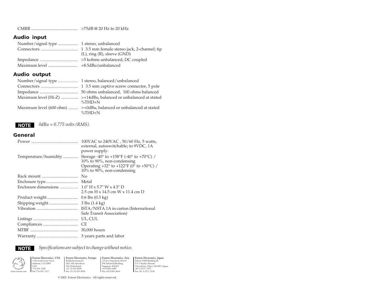 Audio input, Audio output, General | Extron Electronics P-2 DA2 MT User Guide User Manual | Page 5 / 5