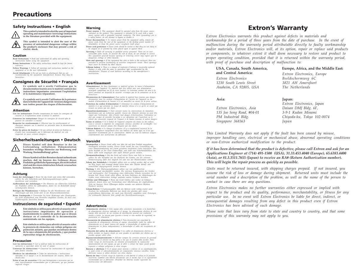 Precautions, Extron’s warranty, Instrucciones de seguridad • español | Extron Electronics RGB 400xi Series Installation User Manual | Page 2 / 11