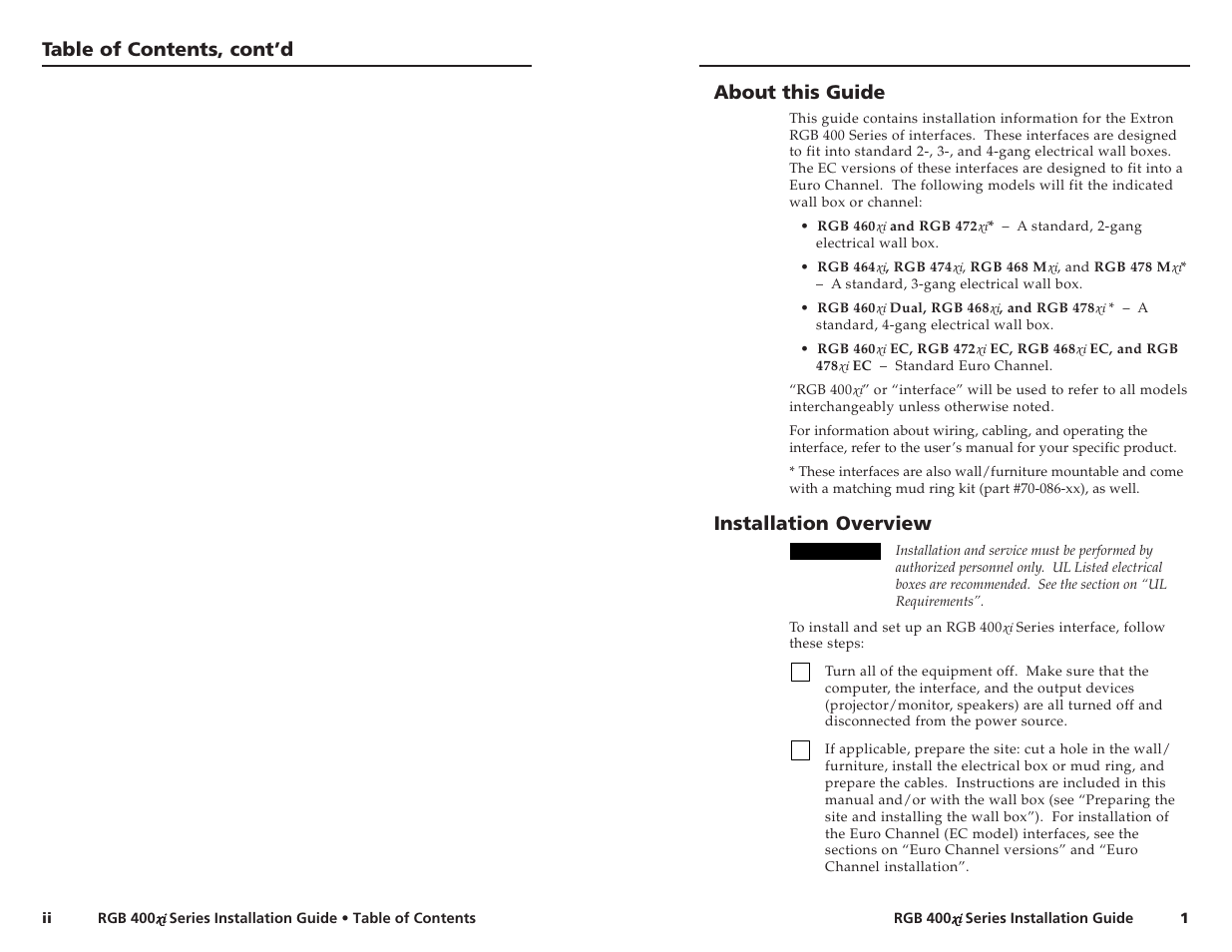 Table of contents, cont’d, About this guide, Installation overview | Extron Electronics RGB 400xi Series Installation User Manual | Page 4 / 11