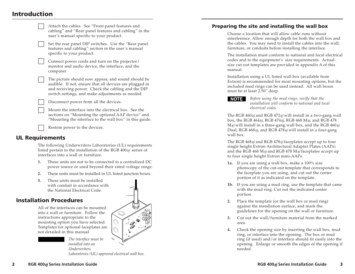 Introduction, Ul requirements, Installation procedures | Extron Electronics RGB 400xi Series Installation User Manual | Page 5 / 11