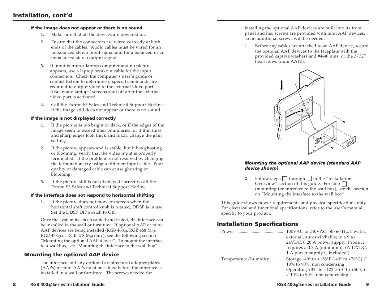 Installation, cont’d, Installation specifications | Extron Electronics RGB 400xi Series Installation User Manual | Page 8 / 11