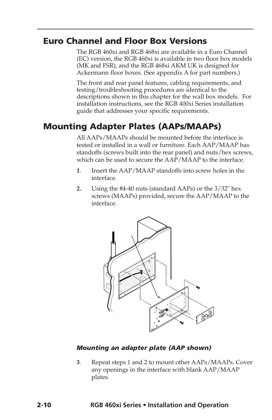 Euro channel and floor box versions, Mounting adapter plates (aaps/maaps), Mounting an adapter plate (aap shown) | Rgb 468xi | Extron Electronics RGB 400xi Series User Guide User Manual | Page 18 / 32