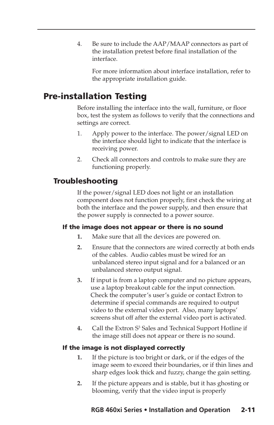 Pre-installation testing, Troubleshooting | Extron Electronics RGB 400xi Series User Guide User Manual | Page 19 / 32