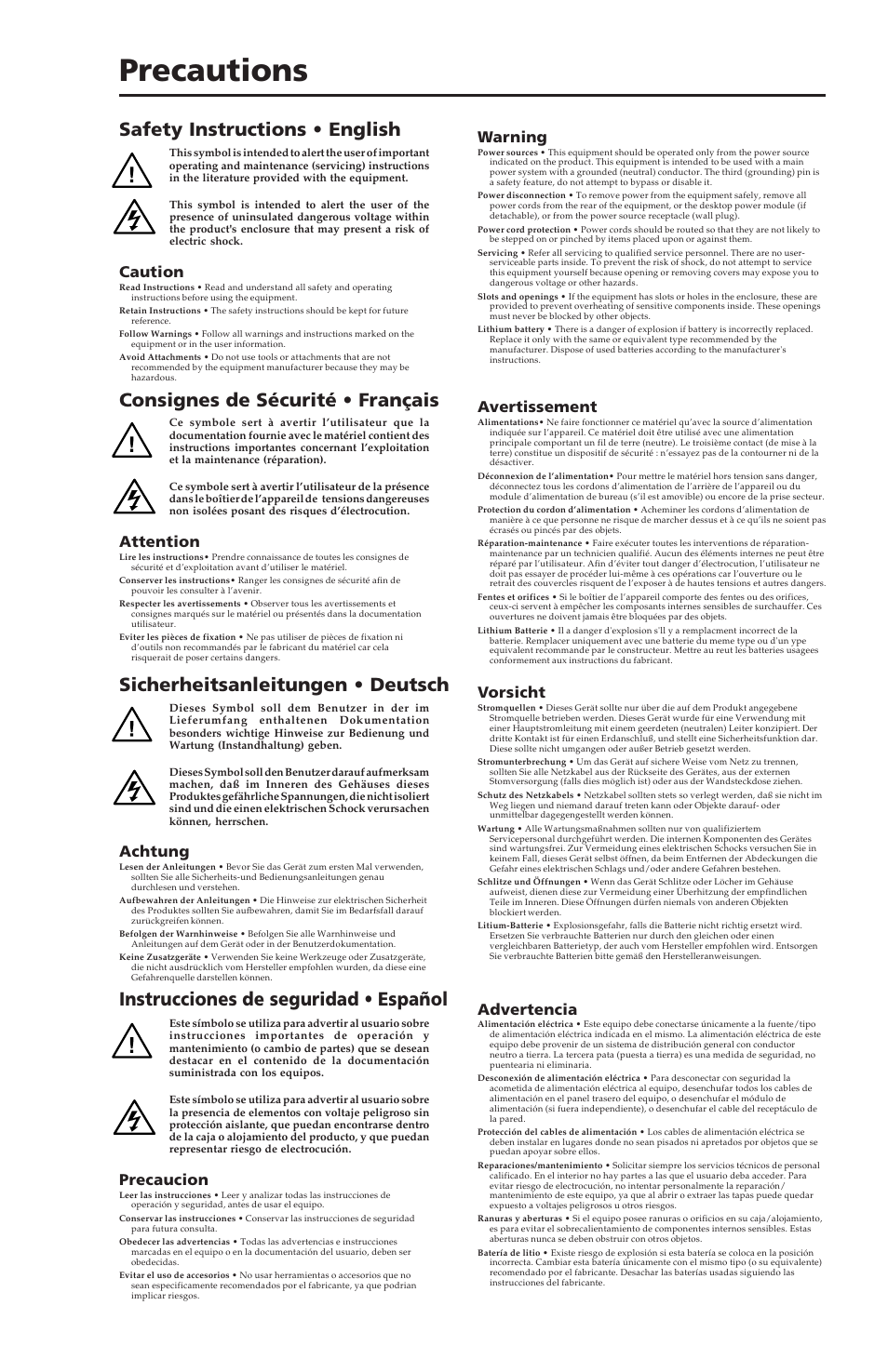 Precautions, Instrucciones de seguridad • español, Caution | Warning, Attention, Avertissement, Achtung, Vorsicht, Precaucion, Advertencia | Extron Electronics RGB 400xi Series User Guide User Manual | Page 2 / 32