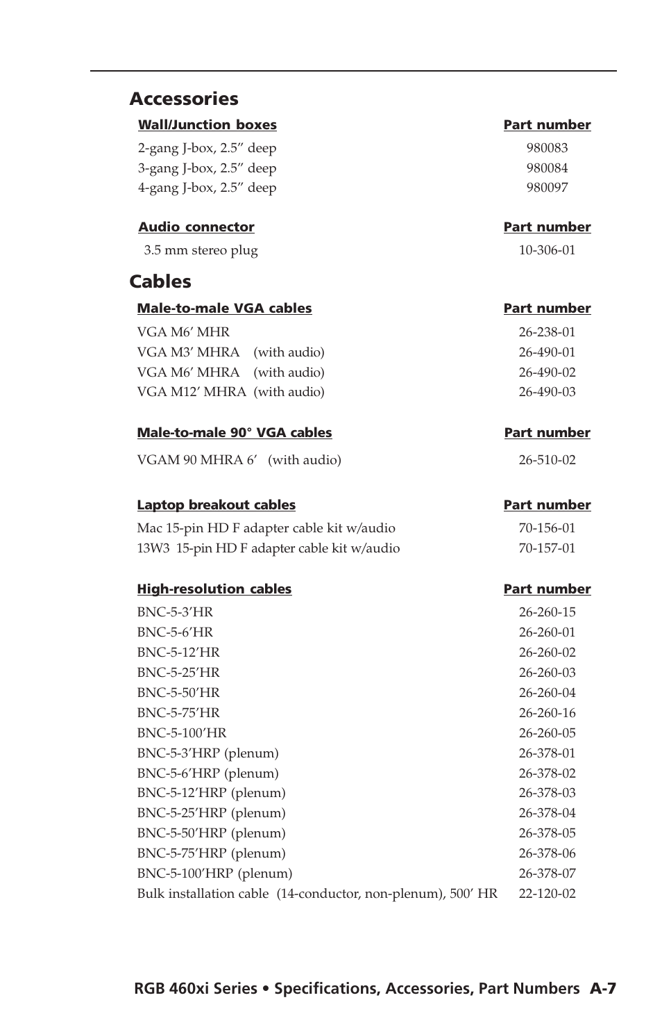 Accessories, Cables | Extron Electronics RGB 400xi Series User Guide User Manual | Page 29 / 32