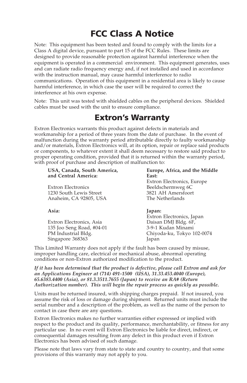 Fcc class a notice, Extron’s warranty | Extron Electronics RGB 400xi Series User Guide User Manual | Page 31 / 32