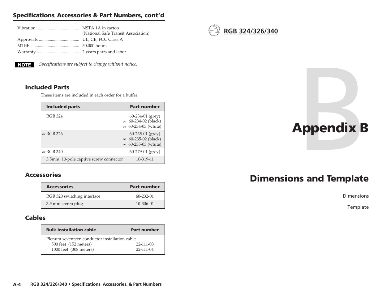 Appendix b, Dimensions and template | Extron Electronics RGB 340 User Manual | Page 17 / 21