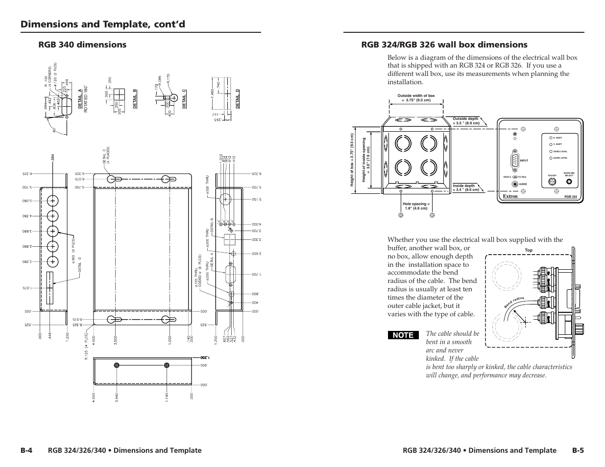 Dimensions and template, cont’d, Rgb 340 dimensions, B-5 b-4 | Extron Electronics RGB 340 User Manual | Page 19 / 21