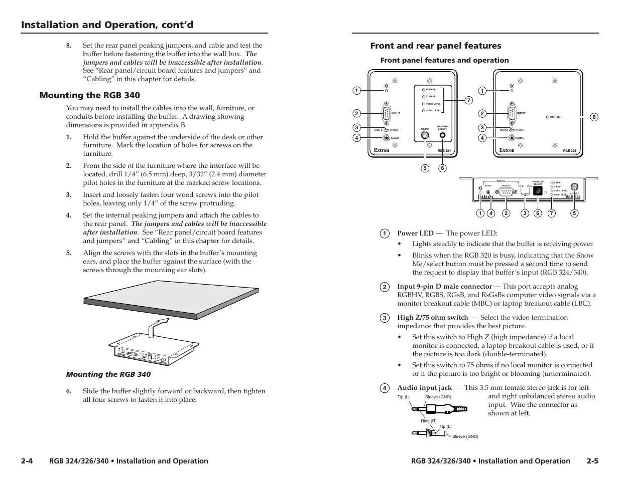 Installation and operation, cont’d, Mounting the rgb 340, Front and rear panel features | Extron Electronics RGB 340 User Manual | Page 8 / 21