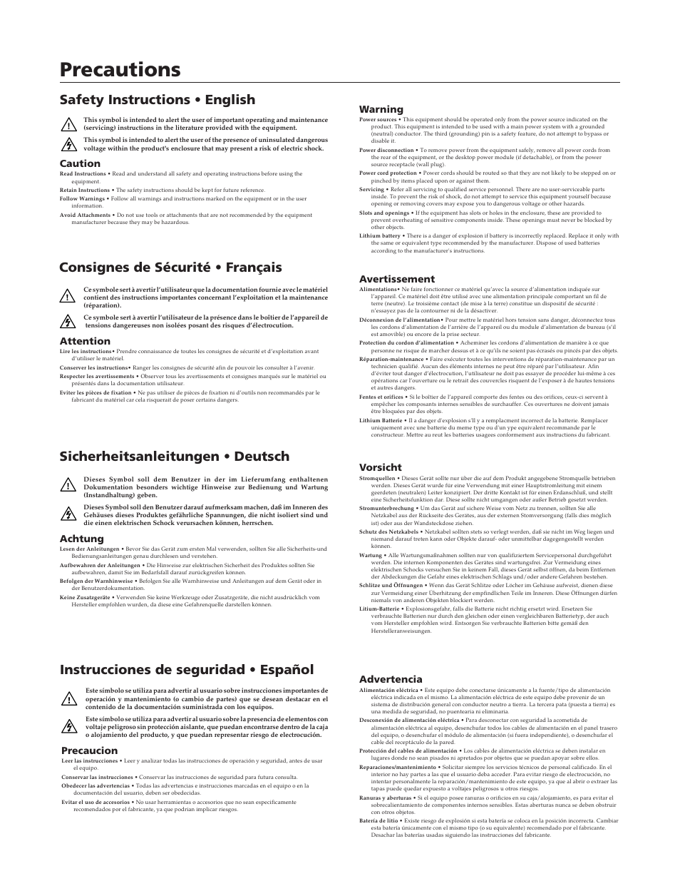 Precautions, Instrucciones de seguridad • español, Caution | Warning, Attention, Avertissement, Precaucion, Advertencia, Achtung, Vorsicht | Extron Electronics RGB 320 User Manual | Page 2 / 40