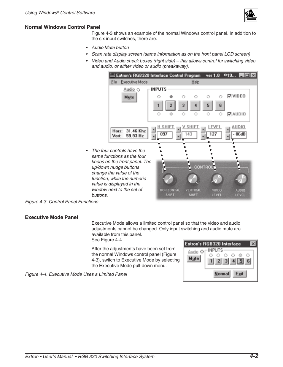 Normal windows control panel, Executive mode panel, Using windows | Extron Electronics RGB 320 User Manual | Page 25 / 40