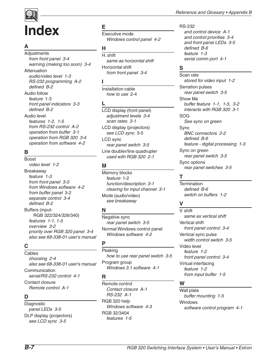 Index | Extron Electronics RGB 320 User Manual | Page 38 / 40