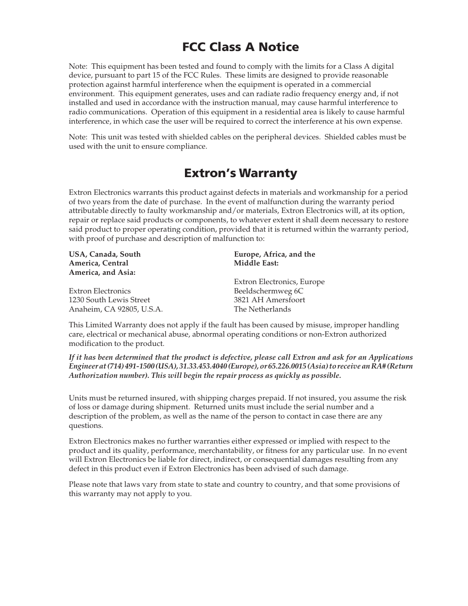 Fcc class a notice, Extron’s warranty | Extron Electronics RGB 320 User Manual | Page 39 / 40