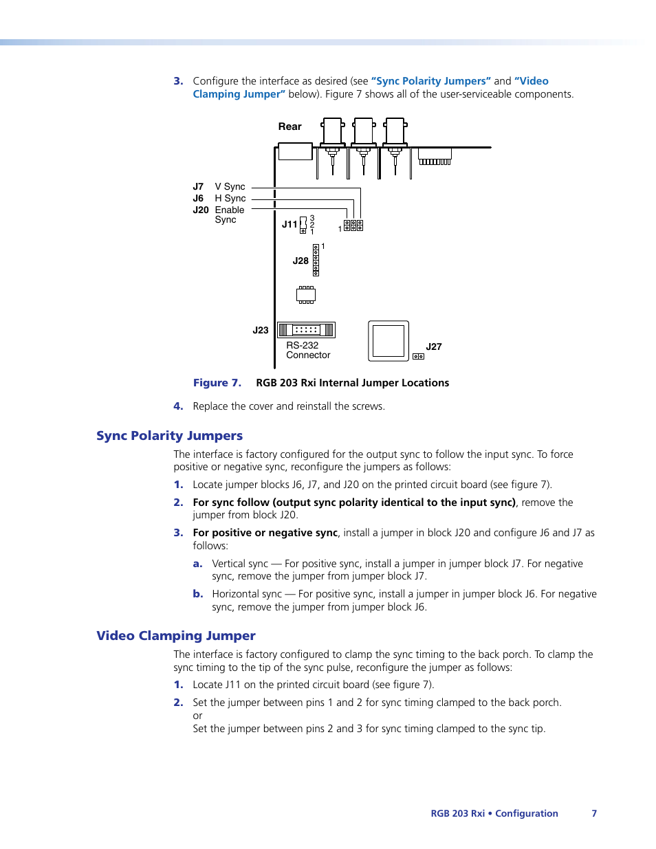 Sync polarity jumpers, Video clamping jumper, Sync polarity jumpers video clamping jumper | Extron Electronics RGB 203 Rxi User Guide User Manual | Page 13 / 36