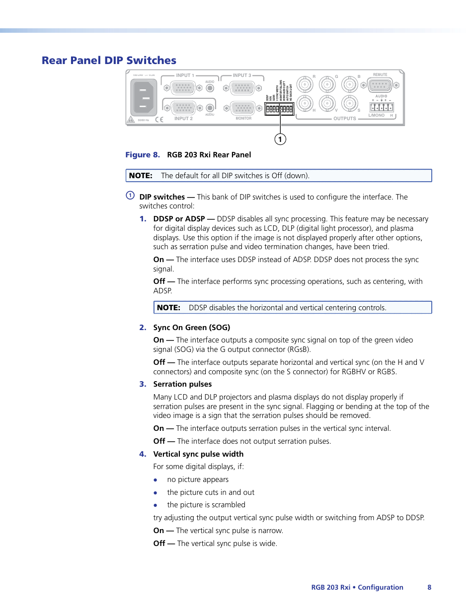 Rear panel dip switches, Rear panel dip, Switches | No picture appears, The picture cuts in and out | Extron Electronics RGB 203 Rxi User Guide User Manual | Page 14 / 36