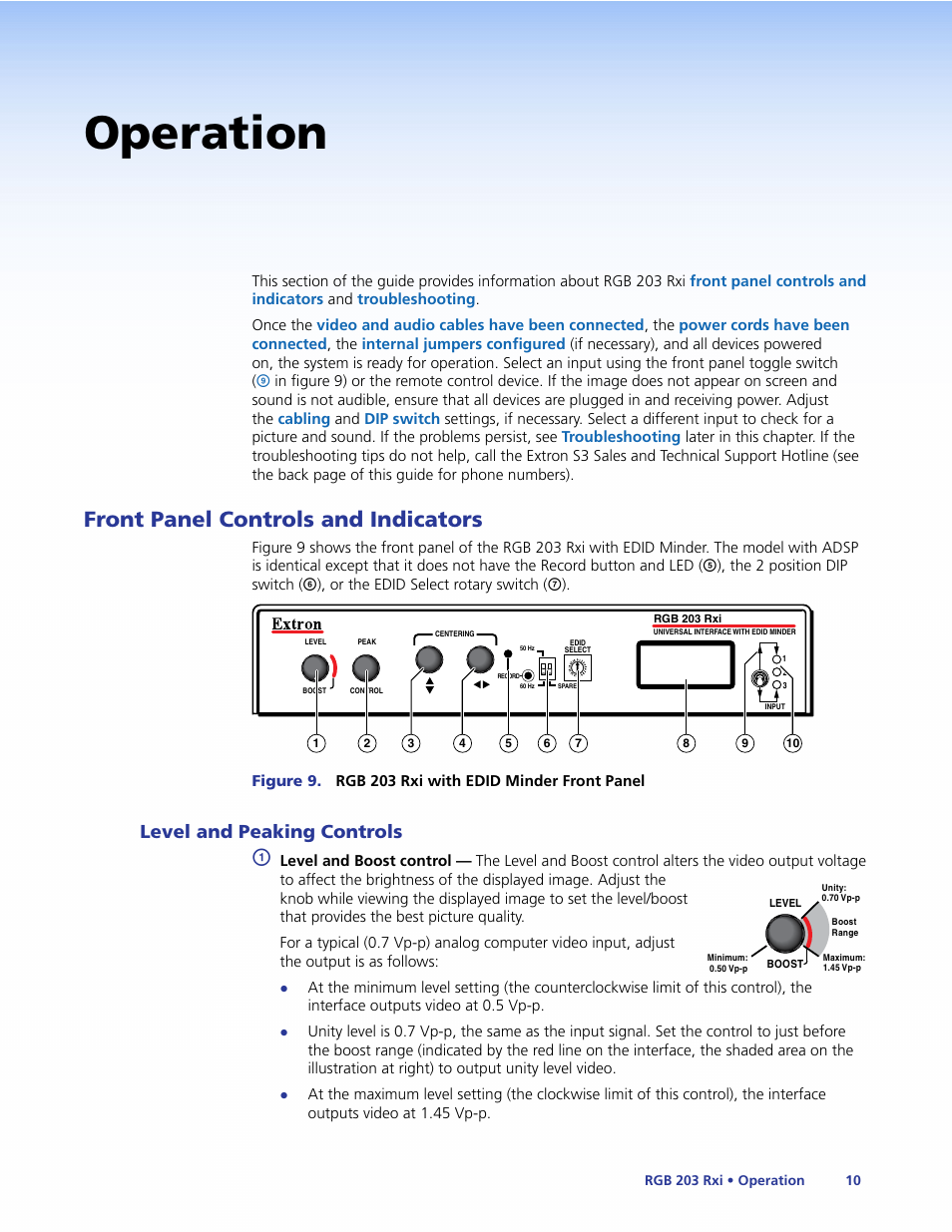 Operation, Front panel controls and indicators, Level and peaking controls | Extron Electronics RGB 203 Rxi User Guide User Manual | Page 16 / 36