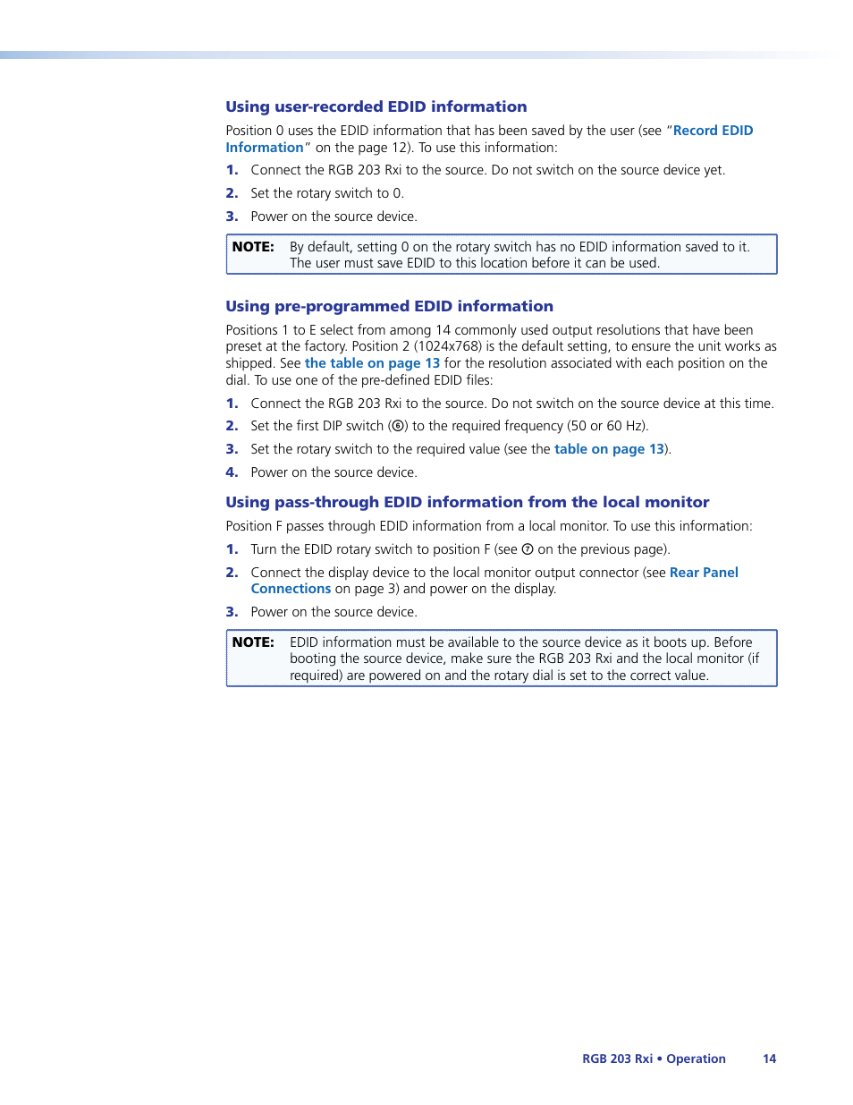 User-recorded edid information, E for, Pre-programmed edid information | Edid information from the local, Monitor output | Extron Electronics RGB 203 Rxi User Guide User Manual | Page 20 / 36