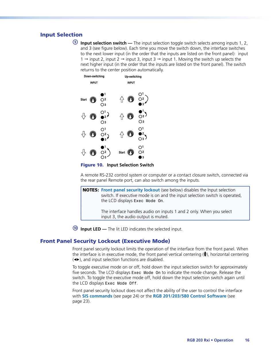 Input selection, Front panel security lockout (executive mode), Input selection front panel security lockout | Executive mode) | Extron Electronics RGB 203 Rxi User Guide User Manual | Page 22 / 36