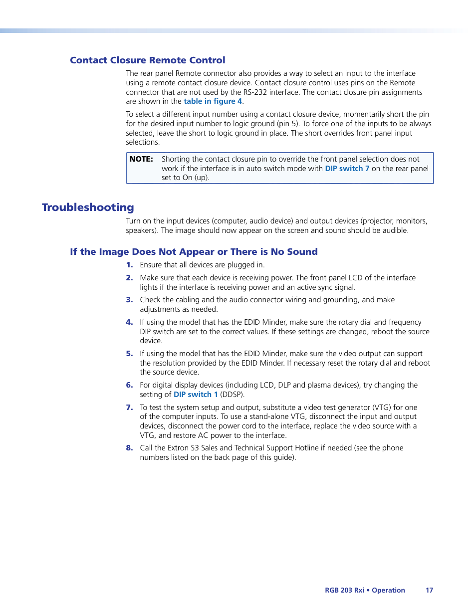 Contact closure remote control, Troubleshooting, If the image does not appear or there is no sound | If the image does not appear or, There is no sound, Ol is included with the interface. see, Contact closure, Remote control | Extron Electronics RGB 203 Rxi User Guide User Manual | Page 23 / 36