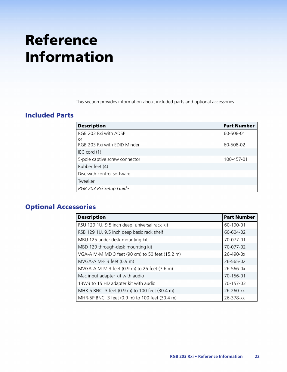 Reference information, Included parts, Optional accessories | Included parts optional accessories | Extron Electronics RGB 203 Rxi User Guide User Manual | Page 28 / 36