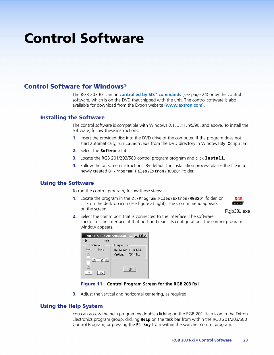 Control software, Control software for windows, Installing the software | Using the software, Using the help system, Rgb 201/203/580 control software | Extron Electronics RGB 203 Rxi User Guide User Manual | Page 29 / 36