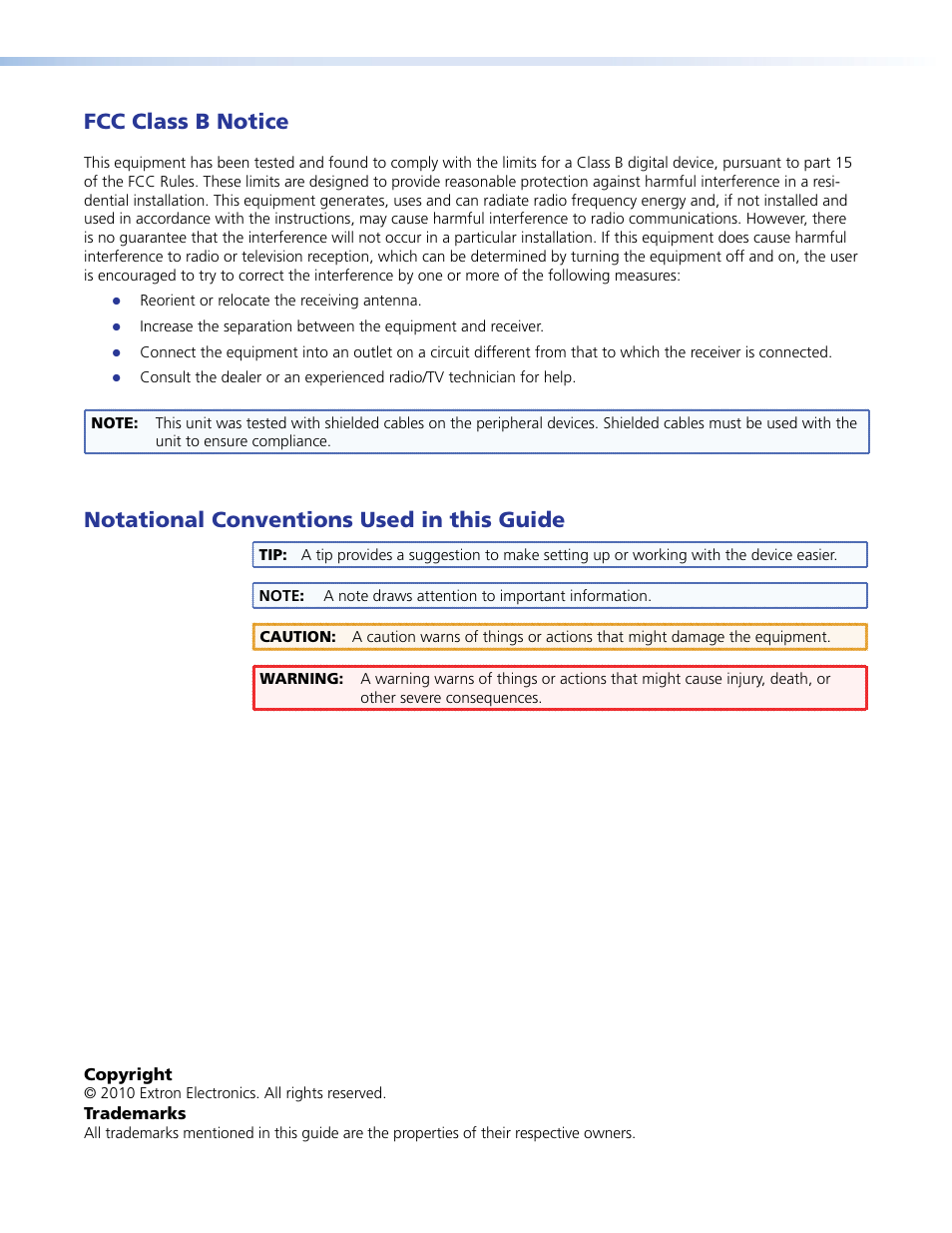 Fcc class b notice, Notational conventions used in this guide | Extron Electronics RGB 203 Rxi User Guide User Manual | Page 3 / 36