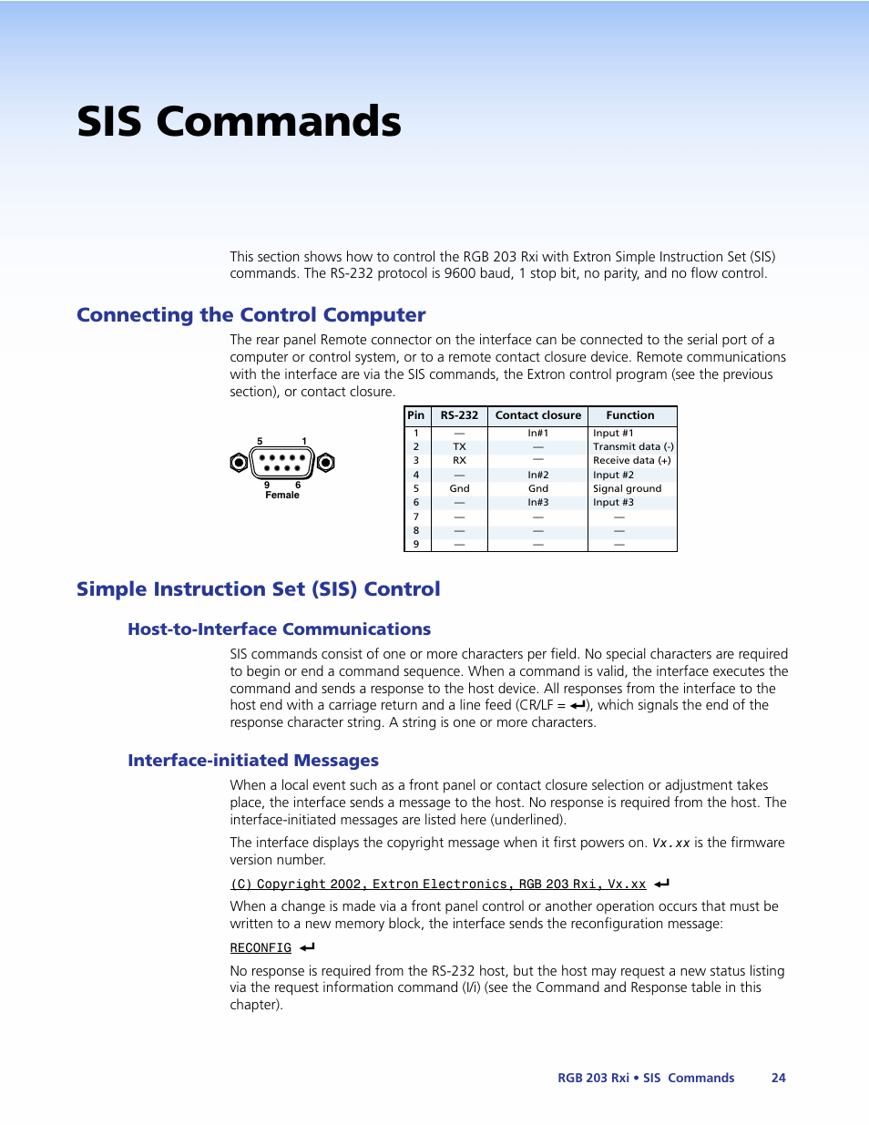 Sis commands, Connecting the control computer, Simple instruction set (sis) control | Host-to-interface communications, Interface-initiated messages, With, The rgb 203 rxi can be, Controlled by sis, Commands | Extron Electronics RGB 203 Rxi User Guide User Manual | Page 30 / 36