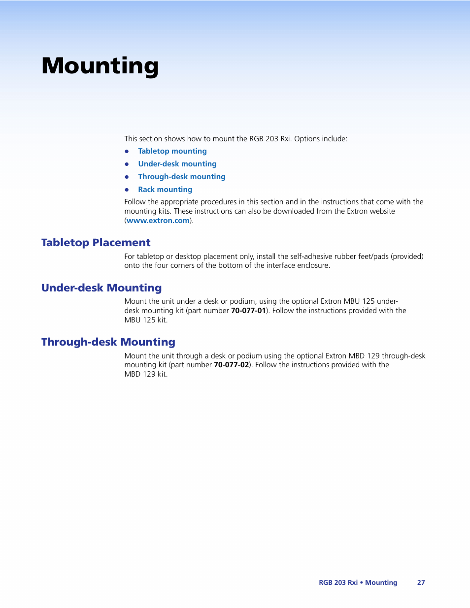 Mounting, Tabletop placement, Under-desk mounting | Through-desk mounting | Extron Electronics RGB 203 Rxi User Guide User Manual | Page 33 / 36