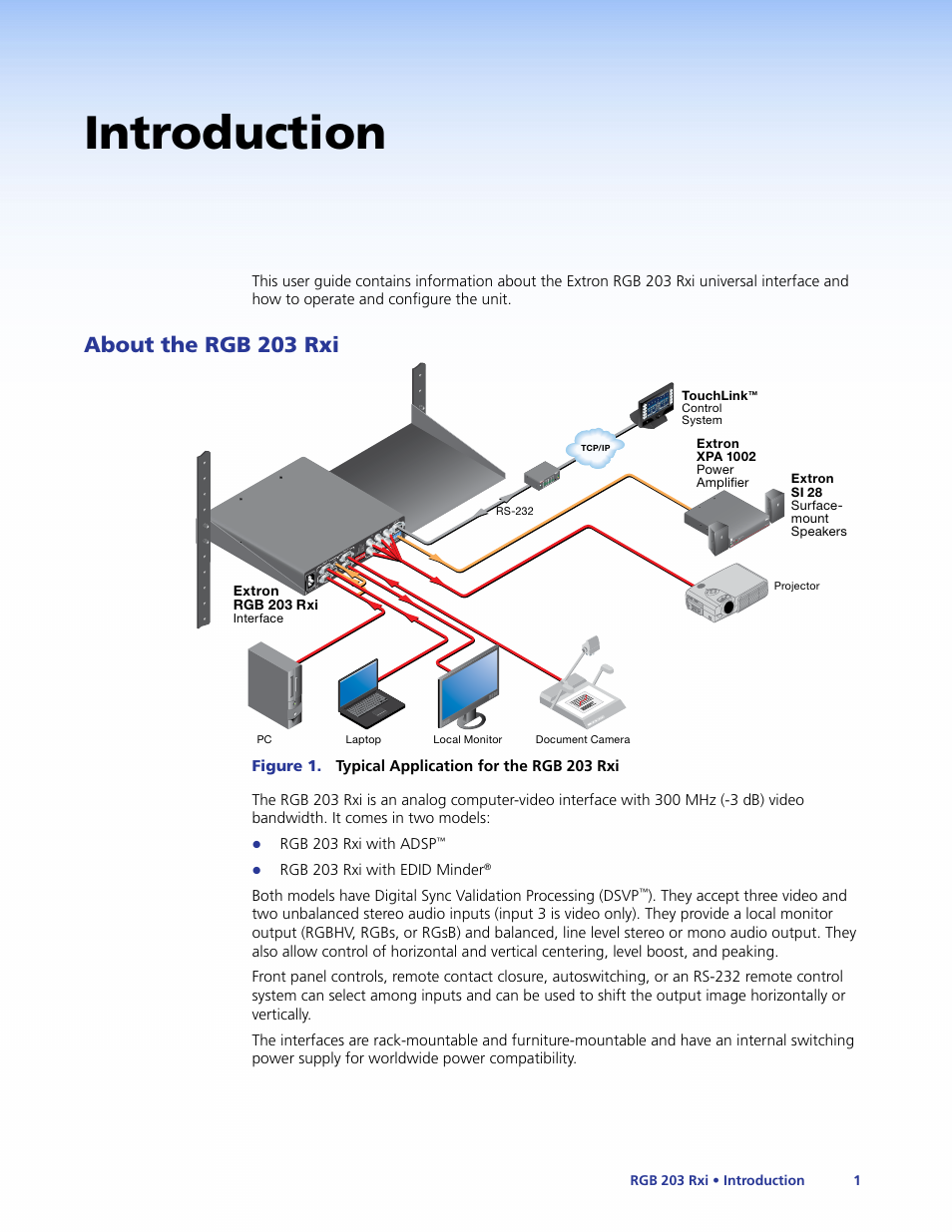 Introduction, About the rgb 203 rxi | Extron Electronics RGB 203 Rxi User Guide User Manual | Page 7 / 36