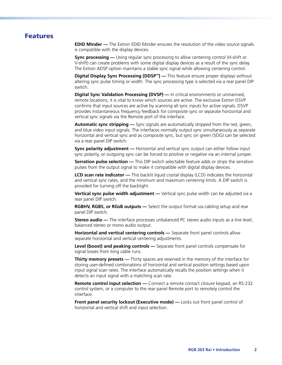 Features | Extron Electronics RGB 203 Rxi User Guide User Manual | Page 8 / 36