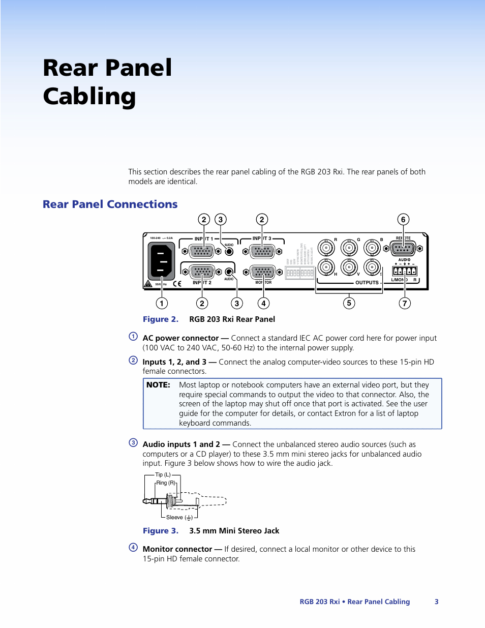 Rear panel cabling, Rear panel connections, Rear panel | Cabling, Figure 3. 3.5 mm mini stereo jack | Extron Electronics RGB 203 Rxi User Guide User Manual | Page 9 / 36