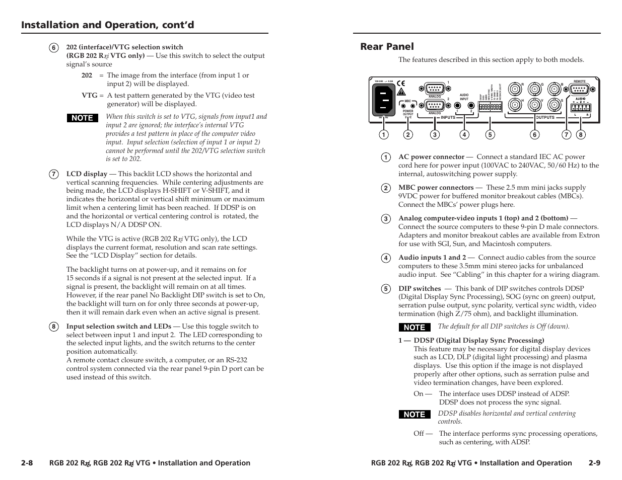 Rear panel, Installation and operation, cont’d | Extron Electronics RGB 202xi VTG User Guide User Manual | Page 10 / 21